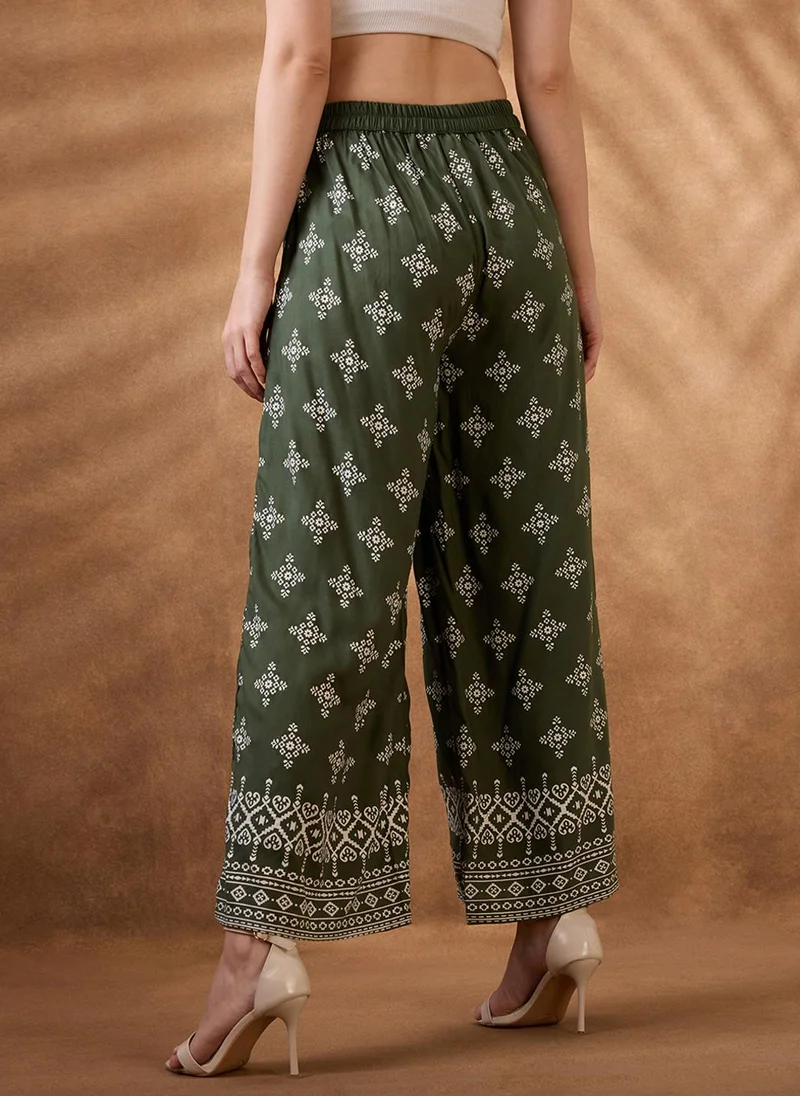 Globus  Globus Women Green Ethnic Print Mid Rise Wide Leg Fusion Pant for Women | Best Price UAE